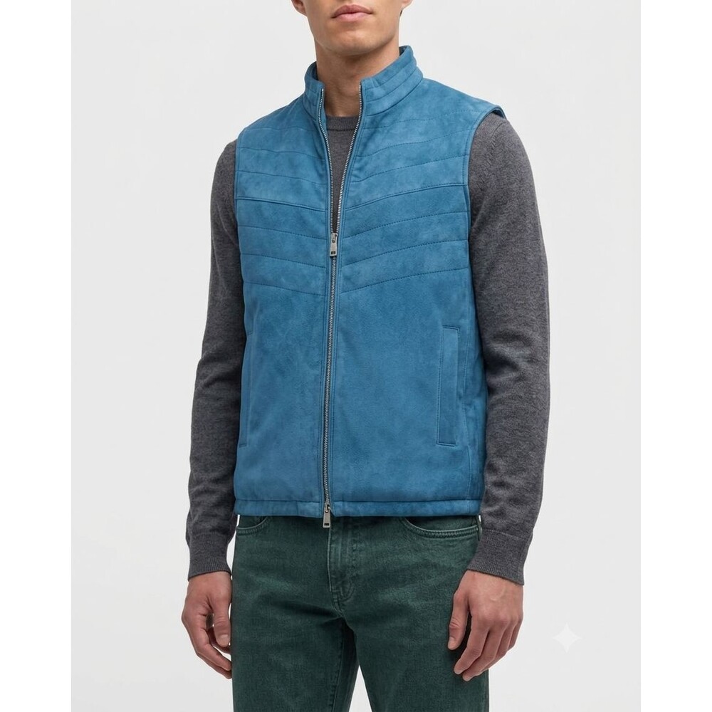 $795 Neiman Marcus Men's XL Blue Suede Quilted Vest Coat Jacket Size XL